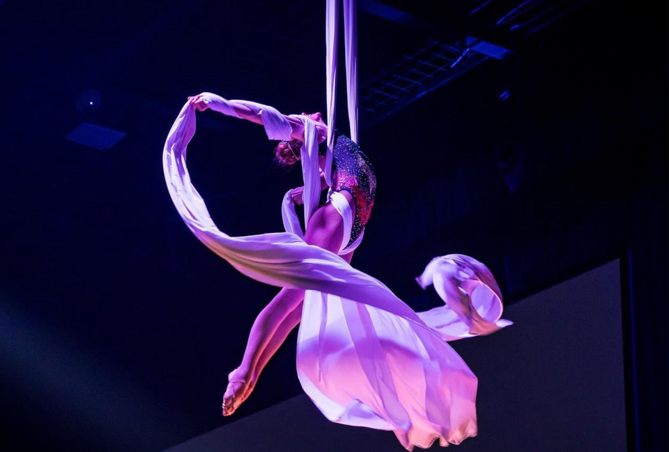 Female silks artist performing at a high end event 