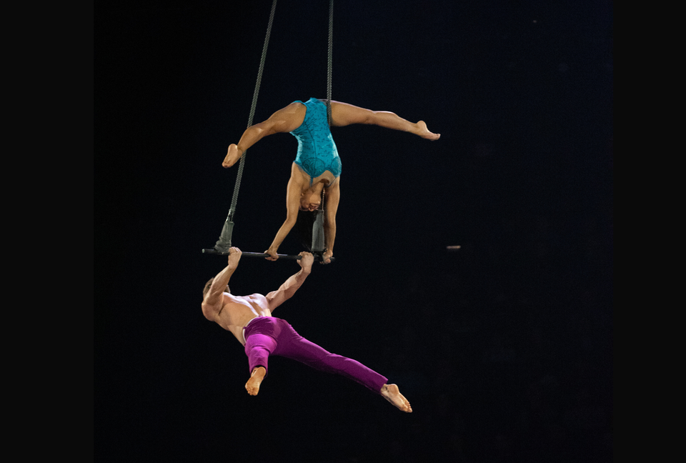 Trapeze duo from Cirque Du Soleil Beatles "Love" show - impressive grip strength assisted by AcroGrip liquid chalk