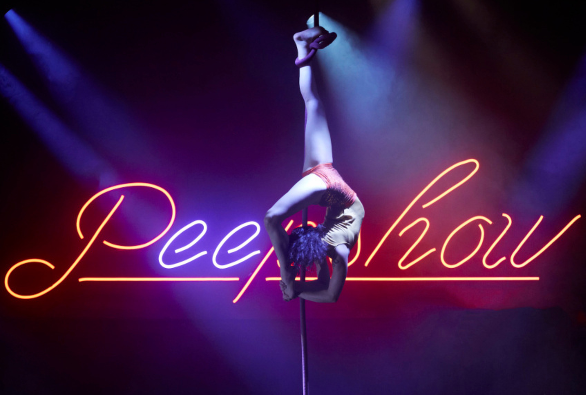 Female rope performer on stage - single foot hang